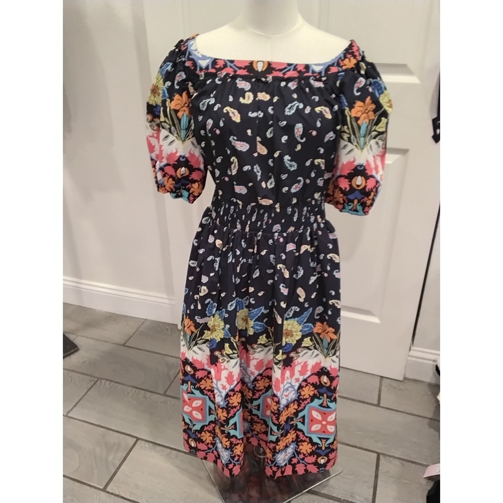 Anthropologie Mixed Floral Paisley Smocked Midi Dress Navy Blue SP Puff Sleeve‎